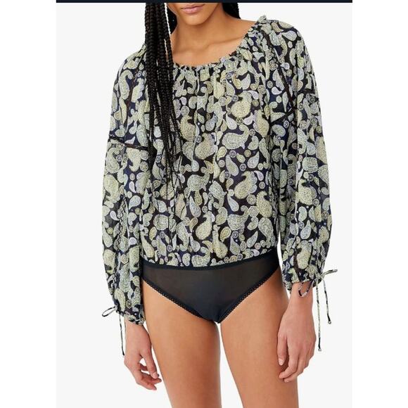 Free People Bodysuit Women XS Navy Blue Sundown Paisley Boho Peasant Festival - Picture 2 of 11